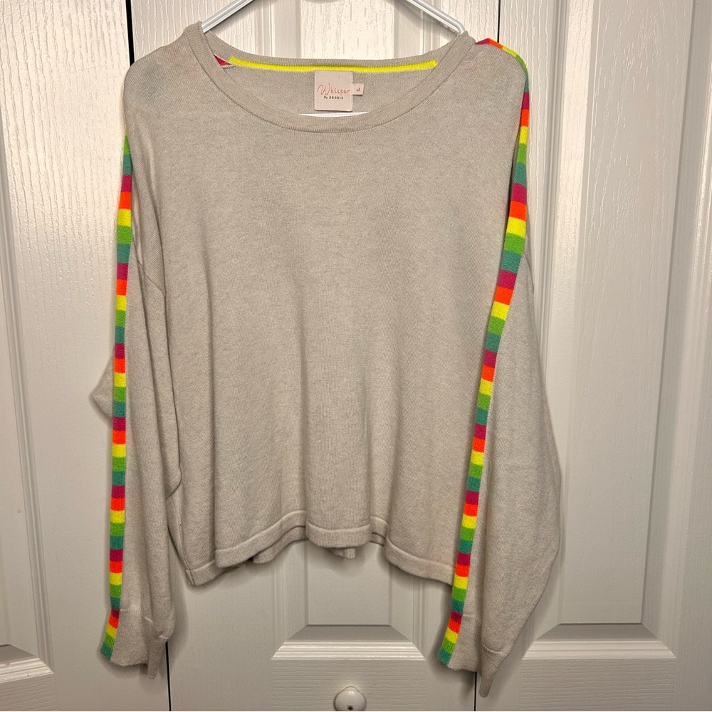 Whisper by Brodie Women’s Large Rainbow Gray Boxy Crew‎ Cotton Silk Sweater